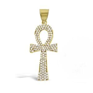 10K Yellow Gold Egyptian Ankh Cross Pendant Religious Mens CZ Charm